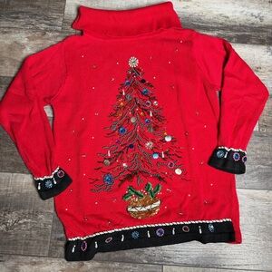 Vtg Collection Christmas Tree Beaded Red Cowl Ugly Sweater Women Sz Lg